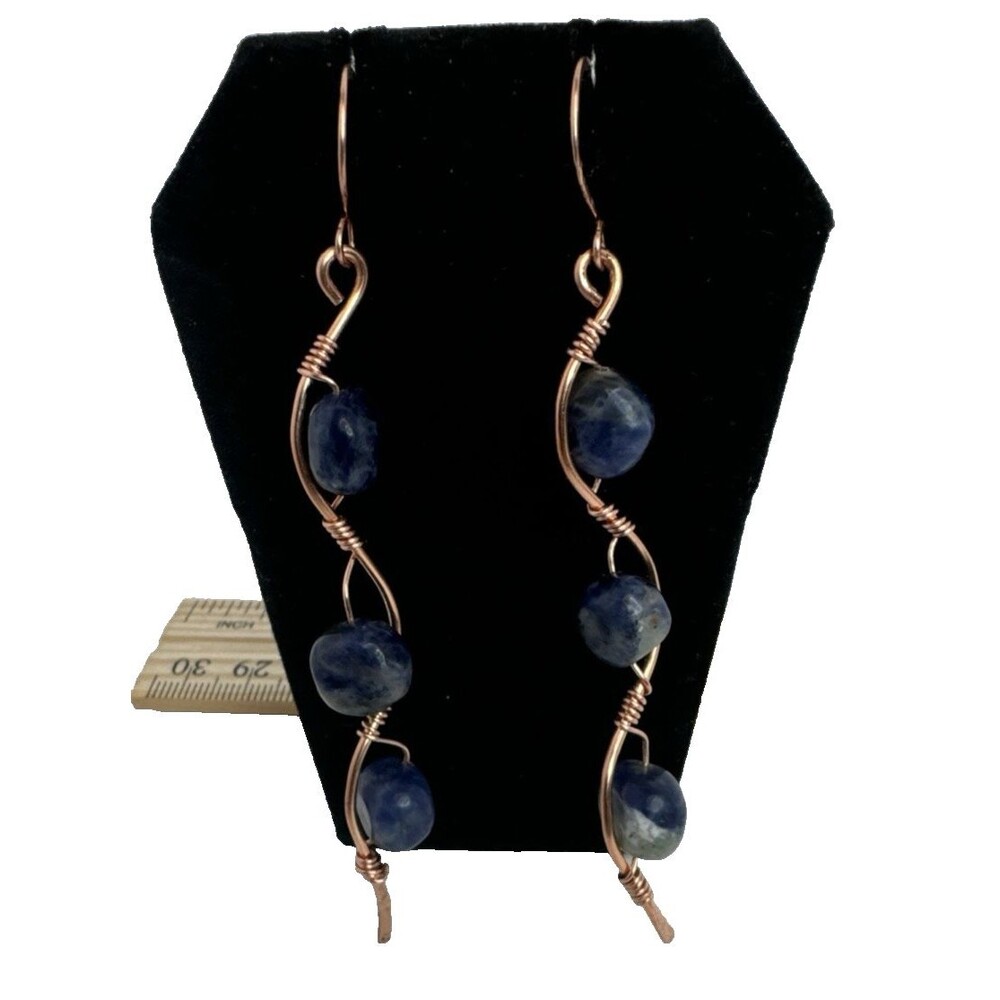 Copper Waves Dangle Earrings  With Blue Soda Lite Beads French Hook Handmade